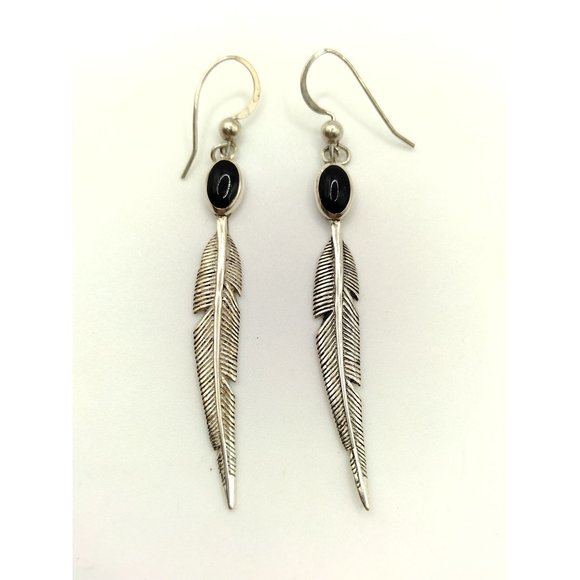 Sterling Silver Vintage SC Stamped Navajo Onyx & Feather Earrings - Picture 1 of 7